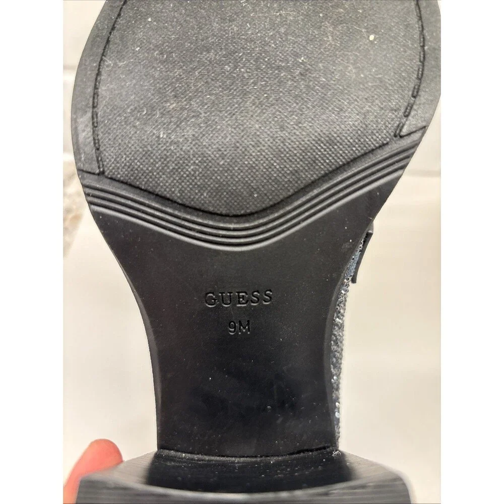 GUESS‎ Women’s Heeled Sparkly Chunky Loafer Size 9M Y2K Vibe EUC Black Glitter